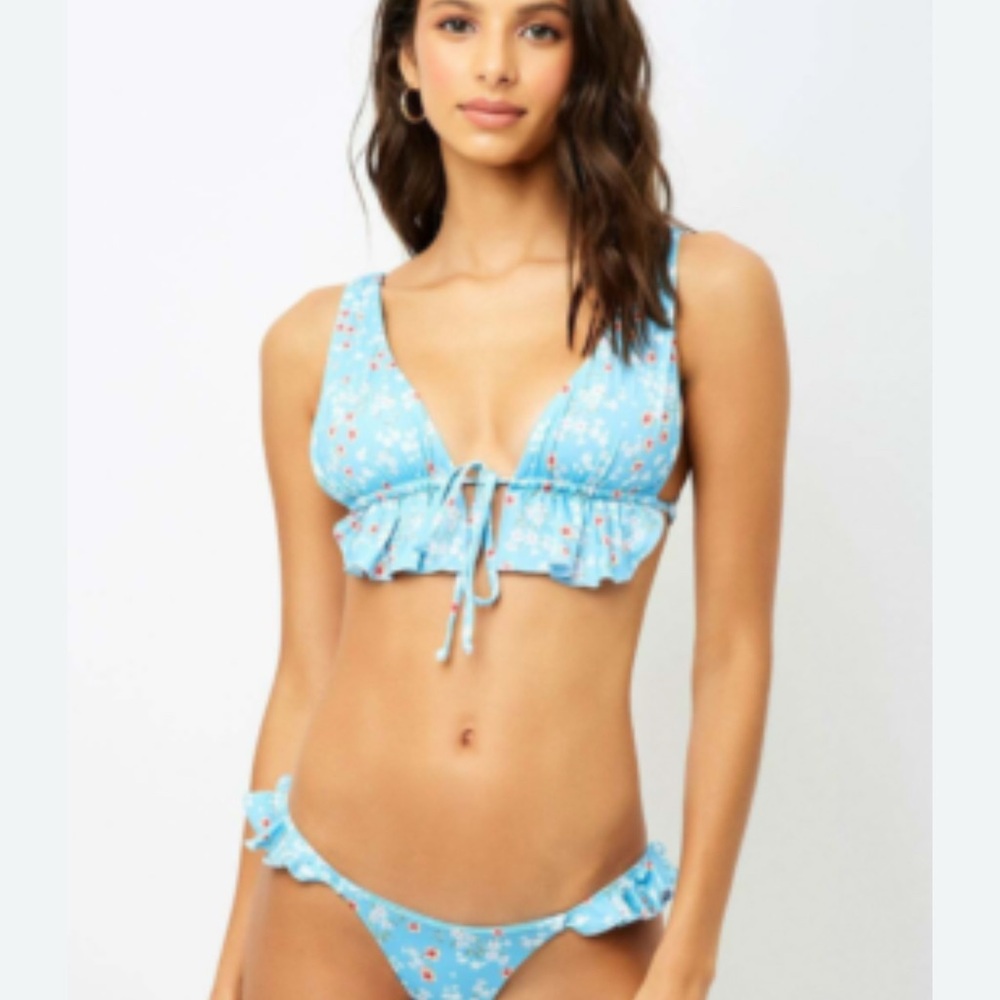 Frankie's Bikinis Sky Blue Floral Ruffle Bikini